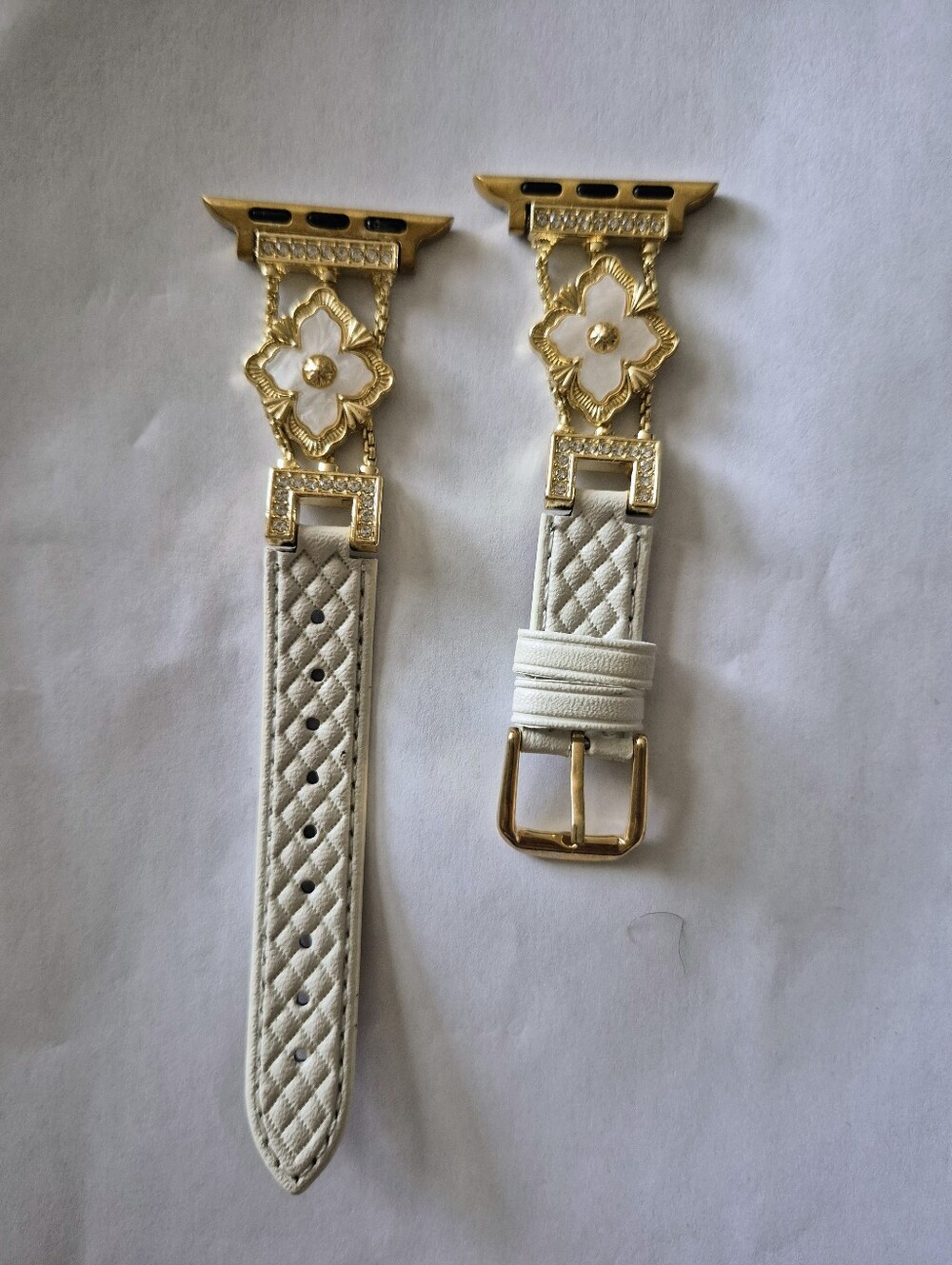 White Leather Watch Band with Gold Floral Connector